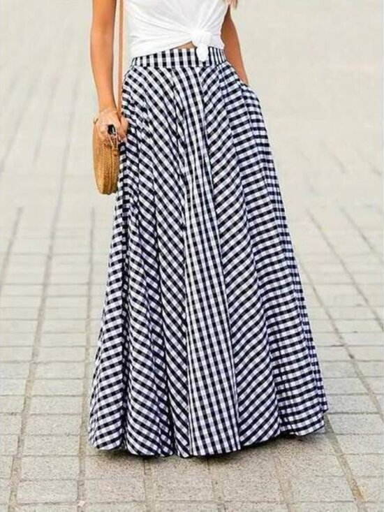 Women's Elegant Plaid Skirt, High Waist Wide Hem Flowy A-Line Skirt, Spring/Summ - Picture 2 of 4